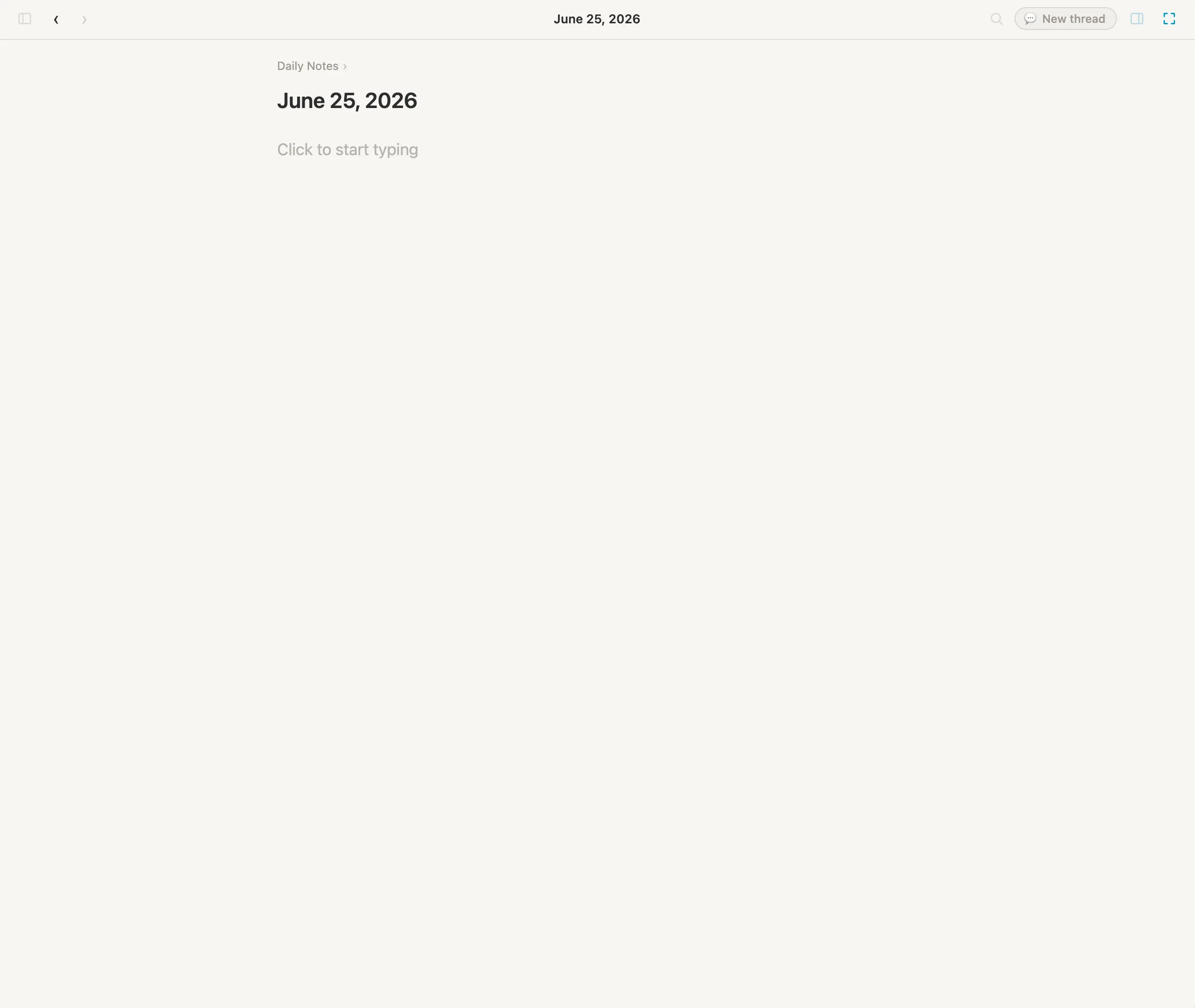 An empty daily note in Vellum showing today's date and a click-to-start-typing prompt, with the panels tucked away.