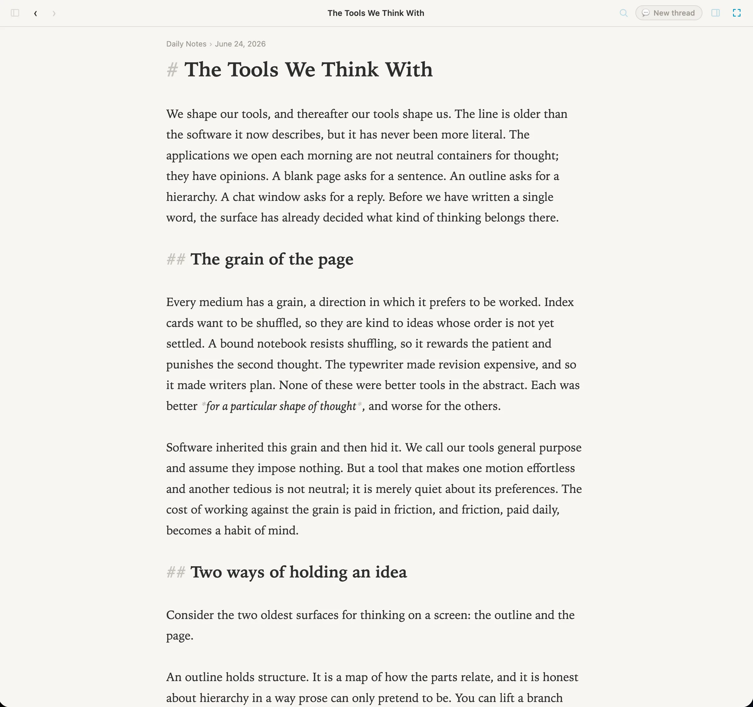 A long-form essay in Vellum, set in serif type with headings and a pull quote, on the same canvas as the outline.