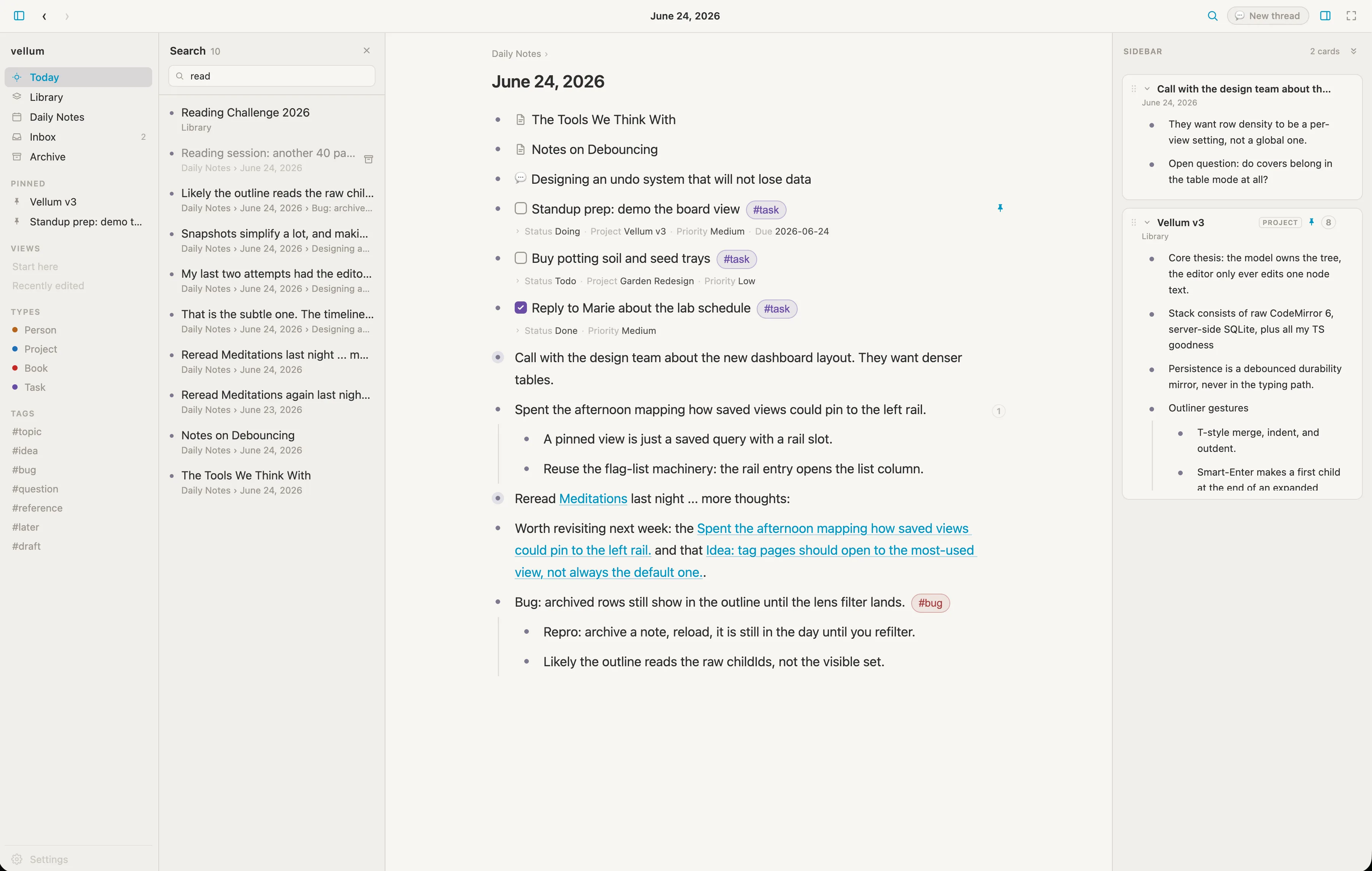 The Vellum workspace with a launcher rail, a notes list, the page being edited, and a side panel of cards.